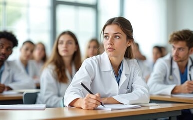 Medical students attentively listening in a classroom lecture
