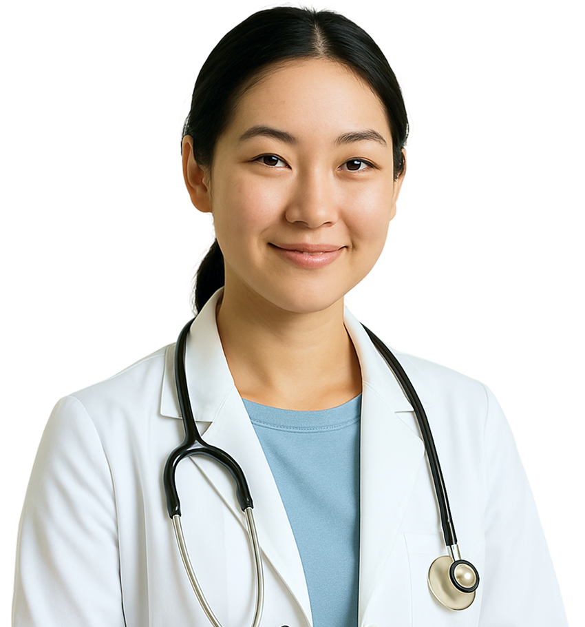 Smiling female doctor in a white coat with a stethoscope, promoting healthcare professionalism