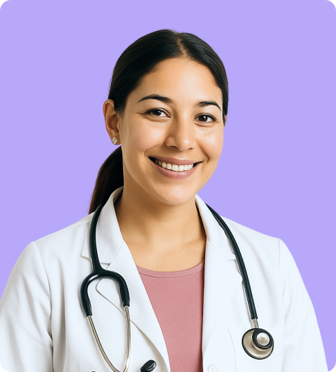 Smiling female doctor with stethoscope on a purple background wearing a white coat