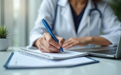 Doctor writing notes at desk with a laptop and a notepad